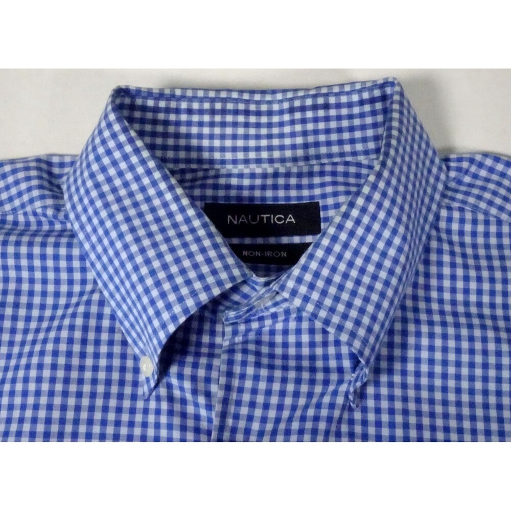 Nautica Shirt Mens 16 x  34/35  Blue Gingham Check Button Down Non Iron